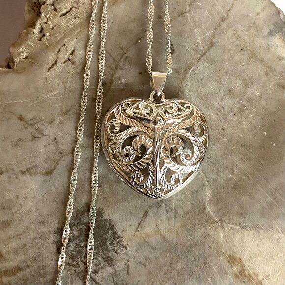 Steven Lavaggi Sterling Silver 925 Filigree Puffy Heart Angel Pendant Necklace - Picture 14 of 16